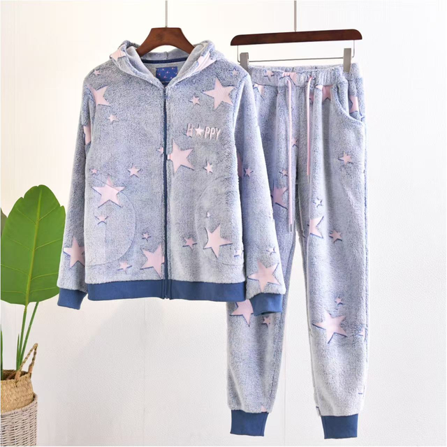Conjunto de pijamas de lã com certificação Oeko-tex estampado com zíper estrela e punho