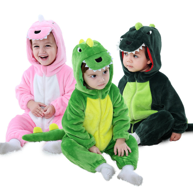 Adorável macacão de dinossauro com capuz de pelúcia de lã para bebês custome 