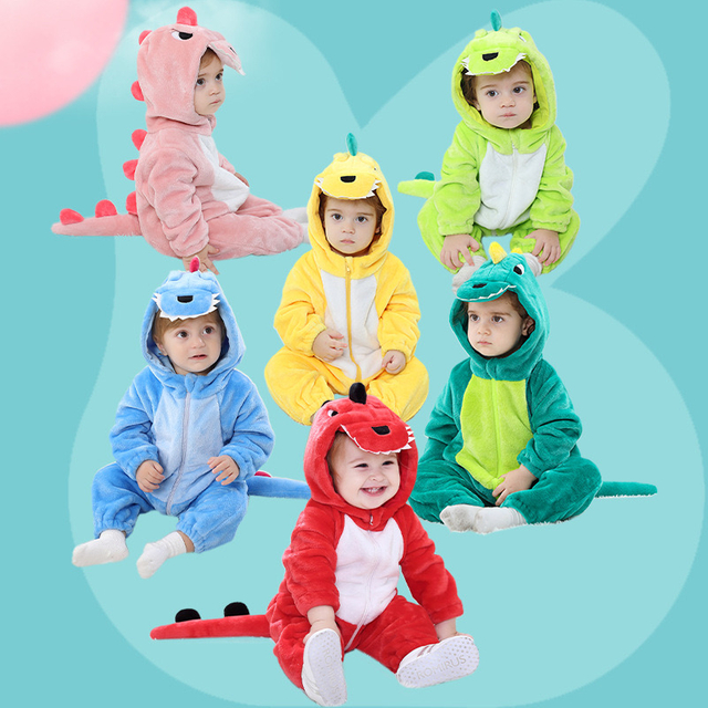 Adorável macacão de dinossauro com capuz de pelúcia de lã para bebês custome 